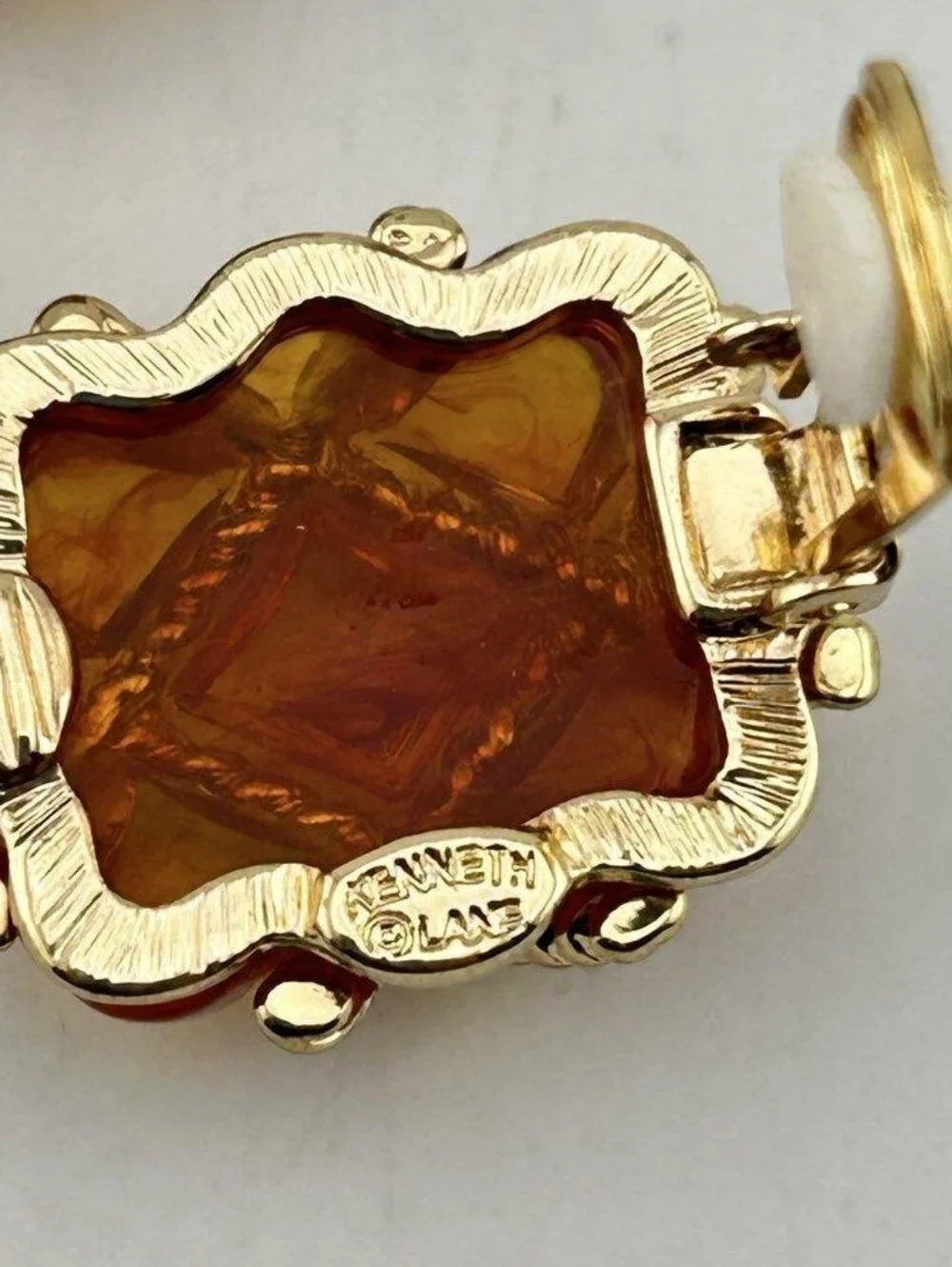 Kenneth Jay Lane Gold Rope "Caged" Glass Amber Clip Earrings - Picture 7 of 7